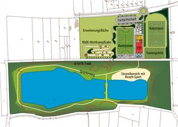 Die Idee: Am westlichen Rand von Loxstedt könnte ein moderner Sportpark mit Kunstrasen-, Naturrasen- und Trainingsfeld entstehen, der durch Anlagen für Fun-Sportarten ergänzt wird. Angrenzend wird ein Naherholungsgebiet mit See und Sportmöglichkeiten skizziert.
