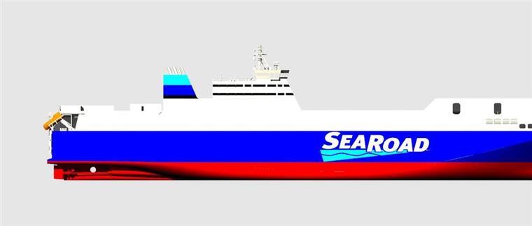 Diese moderne RoRo-Frachtfähre wird zwischen Tasmanien und Australien verkehren Die Illustration einer Frachtfähre im "Seitenprofil". Die neue RoRo-Frachtfähre für SeaRoad entsteht in Flensburg. Das LNG-betriebene Schiff wird 2026 auf der Bass-Straße zwischen Tasmanien und dem australischen Festland in Dienst gestellt.