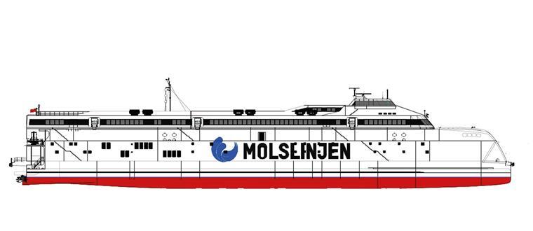 Molslinjen bringt vollelektrische Schnellfähren auf das Kattegat Seitliche Konstruktionszeichnung einer vollelektrischen Schnellfähre der Reederei Molslinjen mit markantem Firmenlogo und rot eingefärbtem Unterwasserbereich.