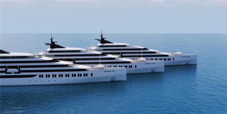 Die Illustration zeigt drei Superyachten. Die neuen Superyachten „Emerald Raiya“ und „Emerald Xara“ sollen luxuriöse All-Suite-Unterkünfte und einzigartige Erlebnisse auf See bieten. Bereits angekündigt worden war die  „Emerald Kaia“. 