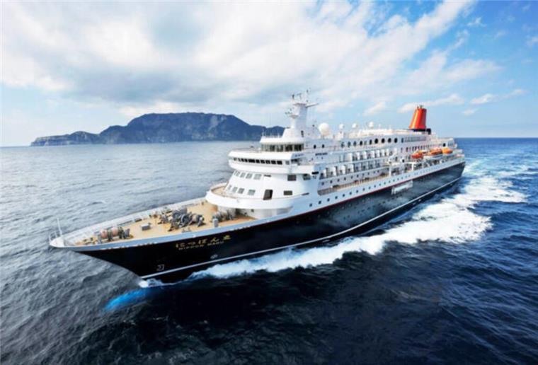 Ein Kreuzfahrtschiff auf dem Meer. Im Hintergrund ist ein Berg zu sehen. 