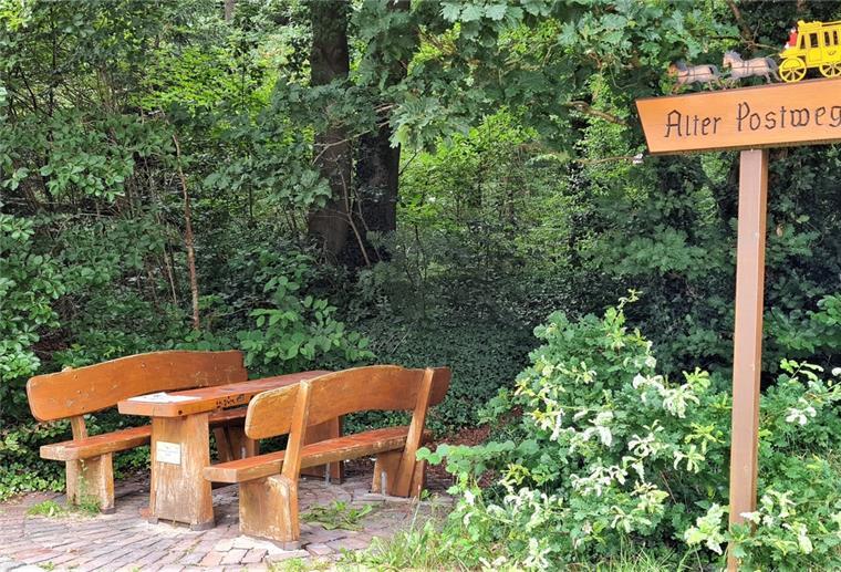 Durch Wald und Wiese zur Burg am See Holzbank Alter Postweg
