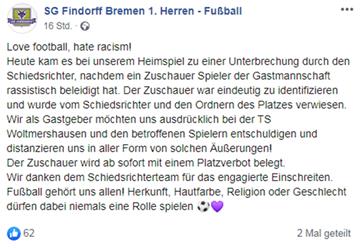 Die SG Findorff entschuldigt sich bei Facebook für den rassistischen Vorfall bei einem Fußballspiel.