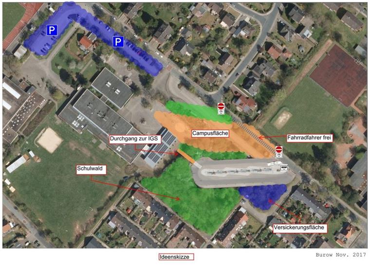 Aus Fahrbahn in der Zevener Kanalstraße wird ein Schulhof Die Skizze zeigt den gesperrten Bereich der Kanalstraße, die Lage des Busbahnhofs im Schulwald und die der Verbindung von IGS und Grundschule dienende Campusfläche. Auf der östlich anschließenden Freifläche soll die Grundschule gebaut werden.