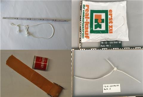 Die Tatmittel: eine auffällige Nylonschnur, sie zeigt an jedem Ende eine Schlaufe; eine Plastiktüte, fünf Zentimeter breiter Leukoplast und Kabelbinder.