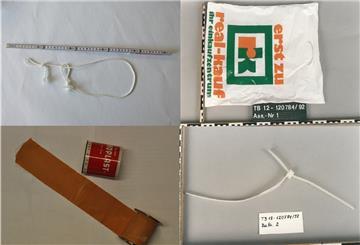 Die Tatmittel: eine auffällige Nylonschnur, sie zeigt an jedem Ende eine Schlaufe; eine Plastiktüte, fünf Zentimeter breiter Leukoplast und Kabelbinder.