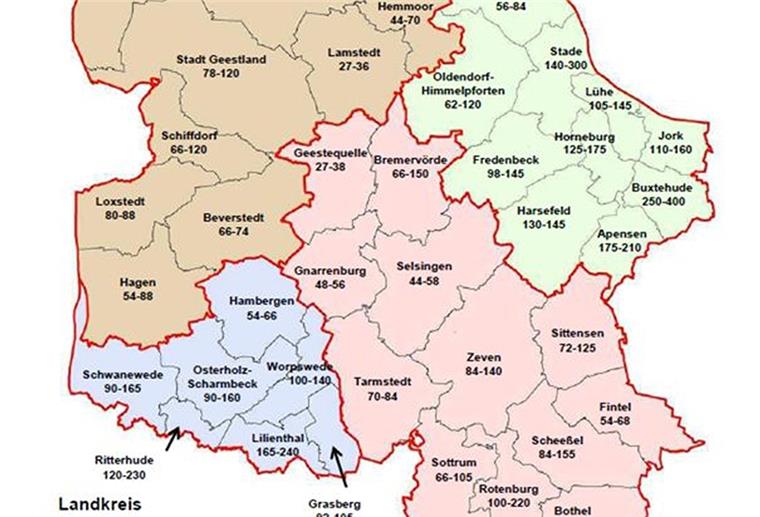 Scholle und Haus werden immer teurer Die Übersicht zeigt die Spanne der durchschnittlichen Quadratmeterpreise für erschließungsbeitragsfreies Bauland in den Städten und Kernorten der Gemeinden und Samtgemeinden im Elbe-Weser-Dreieck.