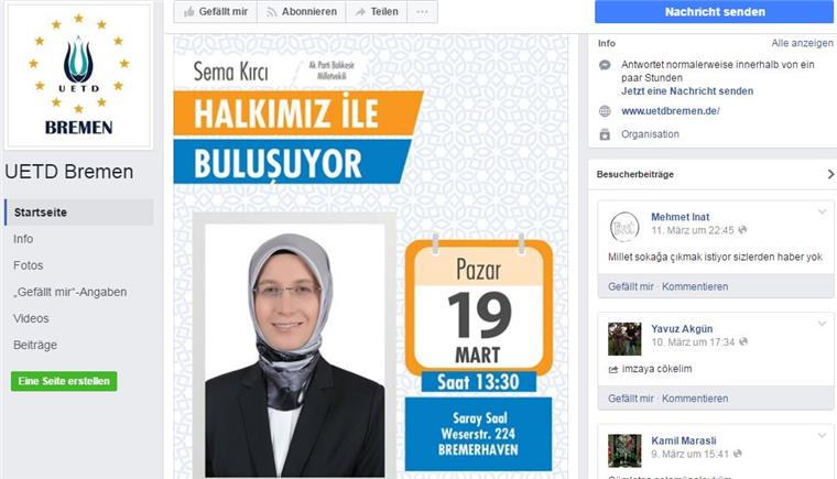 AKP-Abgeordnete kommt nach Bremerhaven - CDU will Auftritt verbieten Die UETD Bremen bewirbt den Auftitt der AKP-Politikerin bei Facebook.
