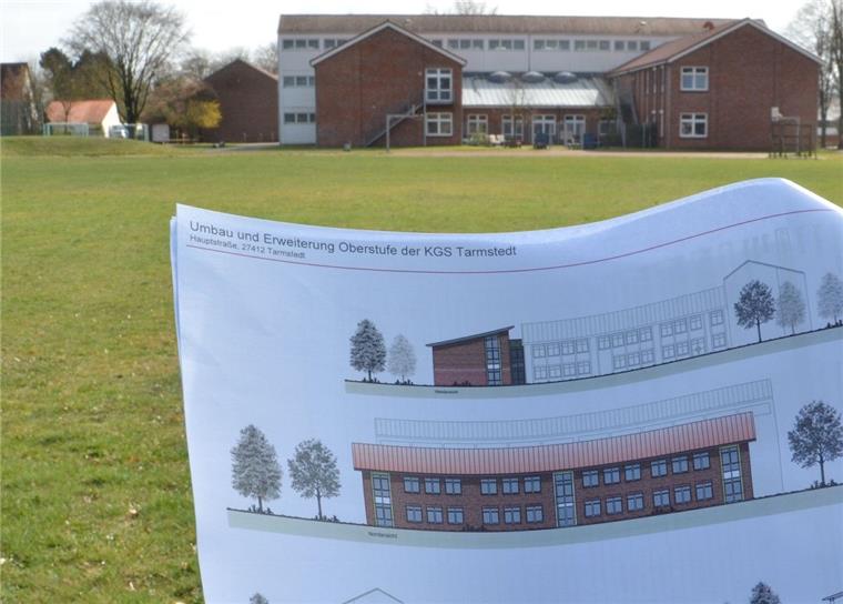 Tarmstedt: Oberstufenanbau ist ein Millionenprojekt Die untere Grafik mit dem rotverblendeten Bau zeigt, wie sich die Oberstufe der KGS Tarmstedt bald darstellen wird, wenn man von Norden aus auf sie blickt.