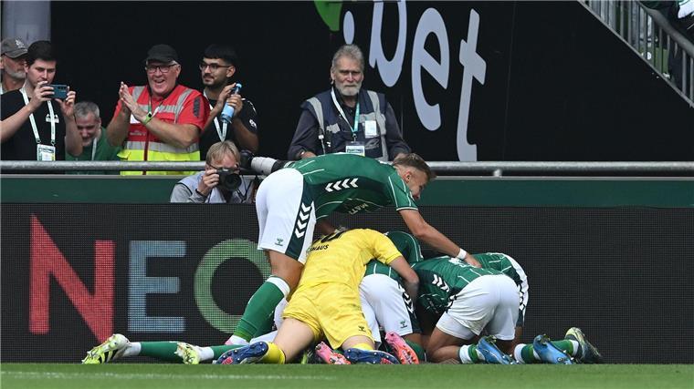 „Stadion in Ekstase“: Steffen freut Werders Aufholjagd Die Werder-Spieler bejubeln das späte 3:3 gegen Leverkusen.