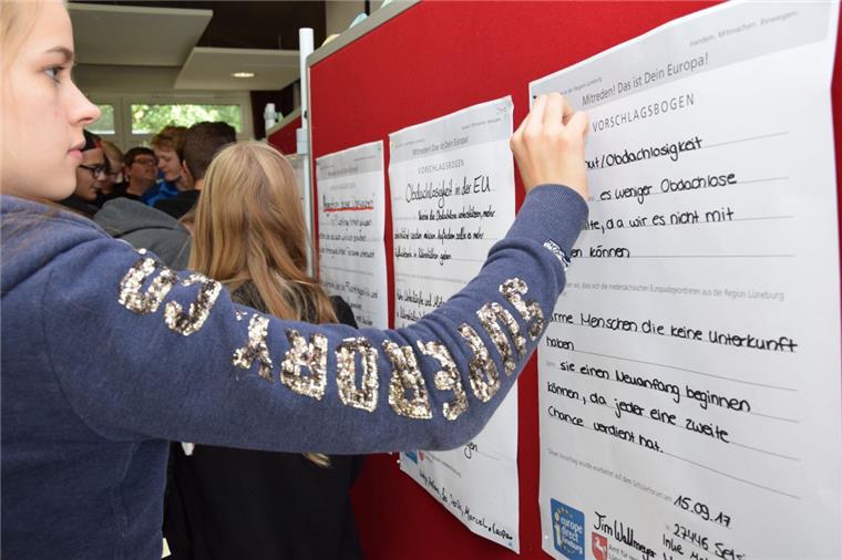 "Mitreden! Das ist dein Europa": Was Selsinger Oberschüler Politikern mit auf den Weg geben Die Zehntklässler der Oberschule Selsingen entwickelten Vorschläge für ein besseres Europa und formulierten sie auf Plakaten.