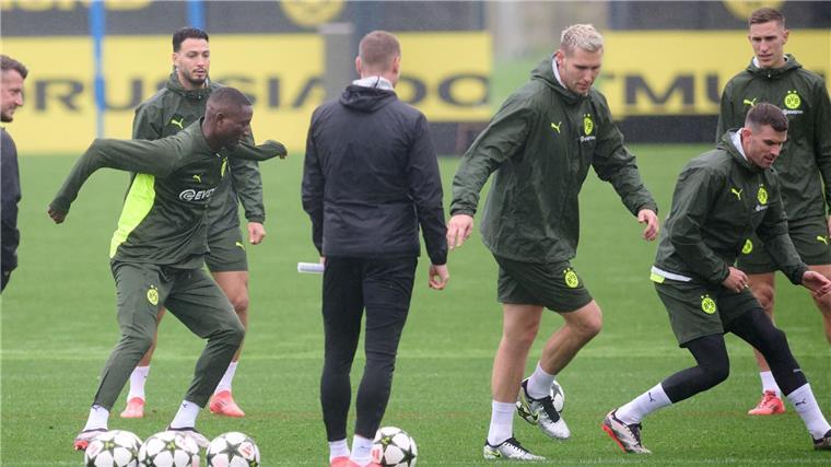 BVB mit Personalsorgen nach Madrid - Groß und Süle dabei Die zuletzt angeschlagenen Pascal Groß (rechts) und Niklas Süle (2. v. rechts) nehmen am Abschlusstraining teil.