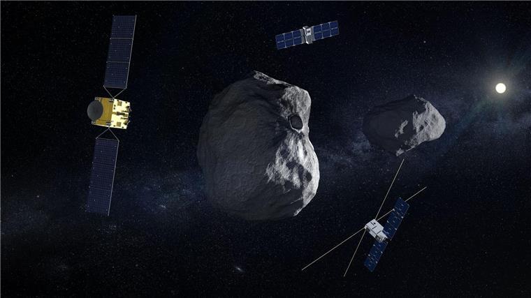 Schutz für die Erde - „Hera“ auf dem Weg ins All Diese Illustration zeigt links die europäische Raumsonde am Doppel-Asteroiden Dimorphos/Didymos.