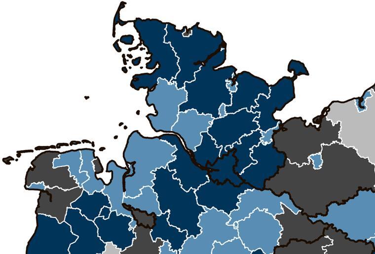 Ranking: ROW gehört zu den dynamischsten Regionen Deutschlands Diese Karte zeigt, wie das Regionalranking 2022 die Entwicklung im Norden einstuft. Alle hellblauen Regionen sind "Aufsteiger", die dunkelblauen "Outperformer" - so die Kreise Rotenburg, Stade, Harburg und Verden. Alle dunkelgrauen Regionen sind "Outperformer" - so Bremen.