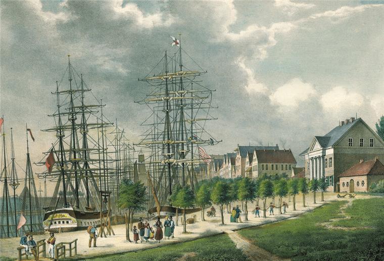 Bremerhaven: Stadtgeschichte-Extratour führt zur Kältemaschine Lithografie zeigt den Alten Hafen in Bremerhaven um das Jahr 1845