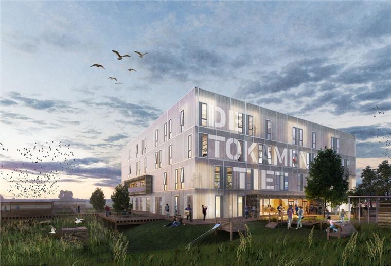Bremer Senat gibt grünes Licht für Gründerzentrum in Bremerhaven Die Visulisierung zeigt ein Gebäude mit der Aufschrift De Tokamen Tiet.