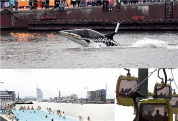 Diese Vorschläge sorgten in den vergangen 30 Jahren für Aufsehen (im Uhrzeigersinn): Mit dem Orca-Boot durch die Wellen tauchen, in der Seilbahn über die Stadt gleiten,  auf dem Badeschiff im Neuen Hafen entspannen. 