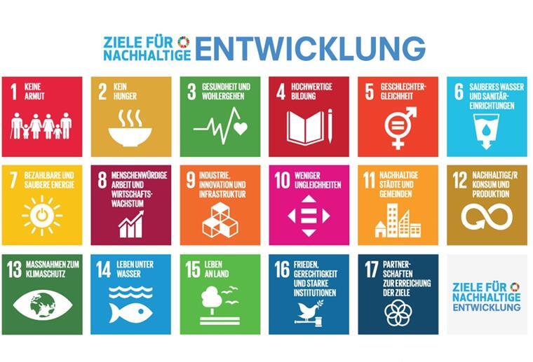 Schiffdorf: So will die Kommune nachhaltiger werden 17 bunte Kacheln mit Logos und Schrift.