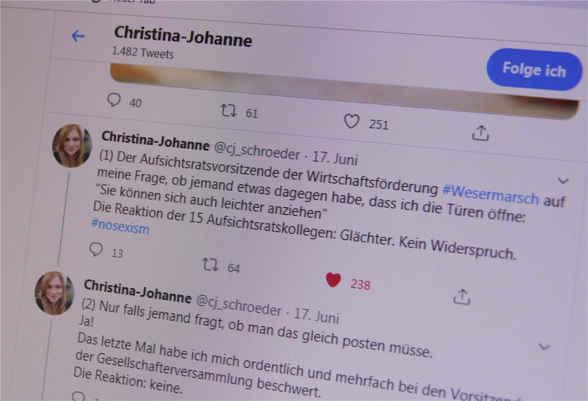 Sexismus-Eklat in der Wesermarsch Diesen Beitrag veröffentliche Christina-Johanne Schröder am Mittwochabend auf ihrem Twitter-Kanal. Auch bei Facebook machte sie den Vorfall öffentlich. Daraufhin erhielt sie zahlreiche unterstützende Beiträge aus der ganzen Republik.