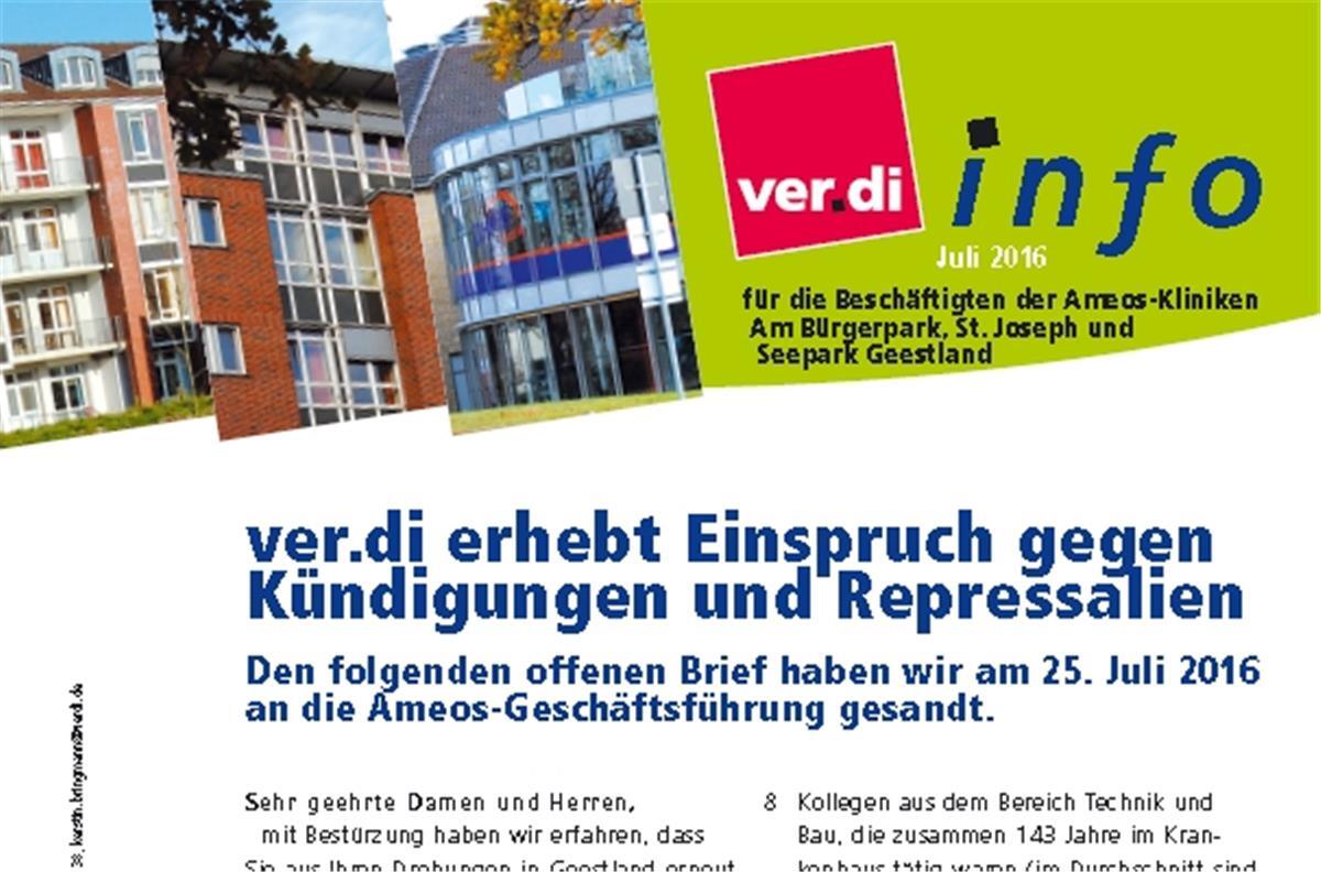 Dieser Screenshot zeigt einen Aussschnitt des offenen Briefes der Gewerkschaft Verdi an die Ameos-Geschäftsführung.