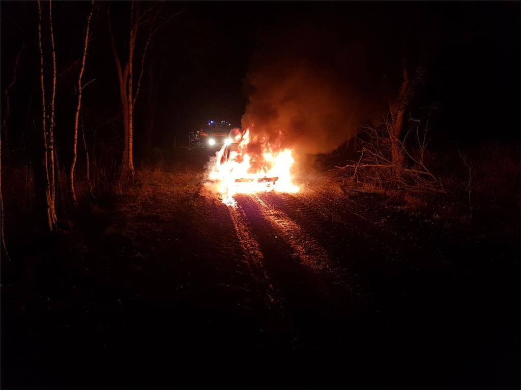 Dieses Auto ist auf einem Feldweg in Schiffdorf komplett ausgebrannt. Foto: Feue...