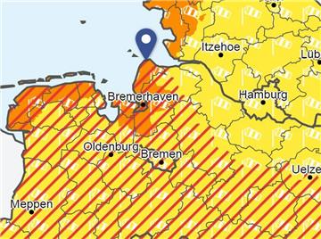 Dir rot schraffierte Fläche zeigt, wo es am Donnerstag besonders stürmisch wird. Besonders die Nordseeküste wird betroffen sein.