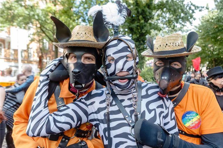 Drei Teilnehmer der Christopher-Street-Day-Parade posieren in Hamburg während des Umzuges. 