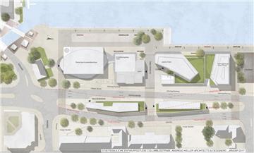 Durch die neue Straßenführung wird auf einer verbreiterten Mittelinsel Platz für Neubauten gewonnen. Die roten Linien zeigen der derzeitigen Verlauf der Columbusstraße. Planung: Büro Andreas Heller