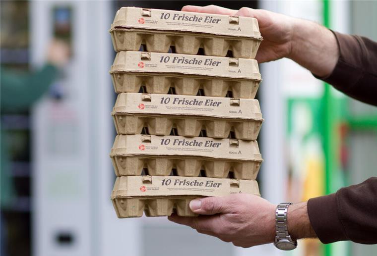 An der Supermarktkasse: Warum Verkäufer in die Eierkartons gucken Ein Mann hält mehrere Eierkartons in die Luft. Verkäufer schauen häufig an den Kassen in die Eierkartons, um zu prüfen, dass sich keine kleinen Gegenstände darin befinden.