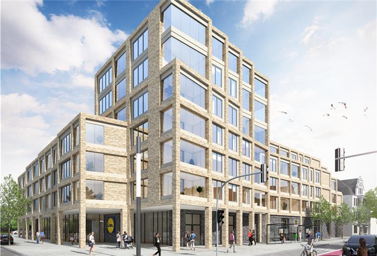 Planung für Wulsdorf geändert Ein architektonischer Hingucker als neue Landmarke an der Weserstraße im Zentrum von Wulsdorf. Im Erdgeschoss wird sich eine Lidl-Filiale befinden, darüber entstehen Mietwohnungen. Visualisierung: Dohm.