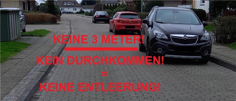 Wesermarsch: Falschparker machen Müllwagenfahrern die Arbeit schwer Ein Beispiel aus der Buchenstraße in Brake: Hier stehen die Autos so ungünstig am Straßenrand, dass Müllfahrzeuge kaum noch durchkommen.