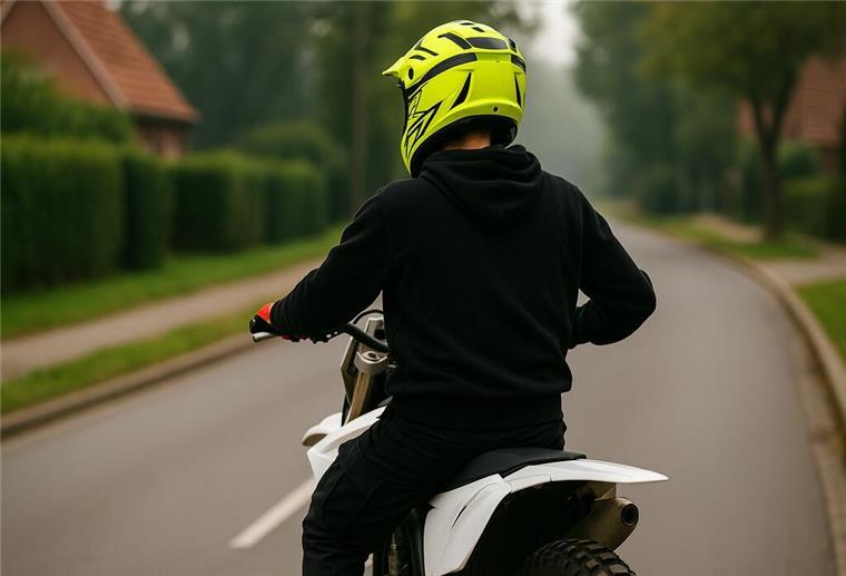 Wilde Verfolgungsjagd: Motocrossfahrer flieht vor Polizei durch Lübberstedt Ein Motocross-Fahrer mit einem schwarzen Hoodie und einem neongelben Helm auf einer weißen Motocross-Maschine.