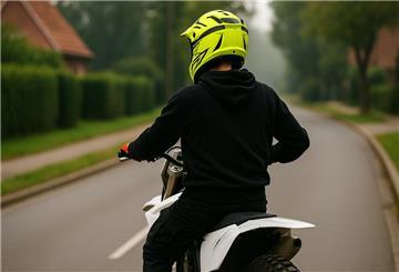 Ein Motocross-Fahrer mit einem schwarzen Hoodie und einem neongelben Helm auf einer weißen Motocross-Maschine.