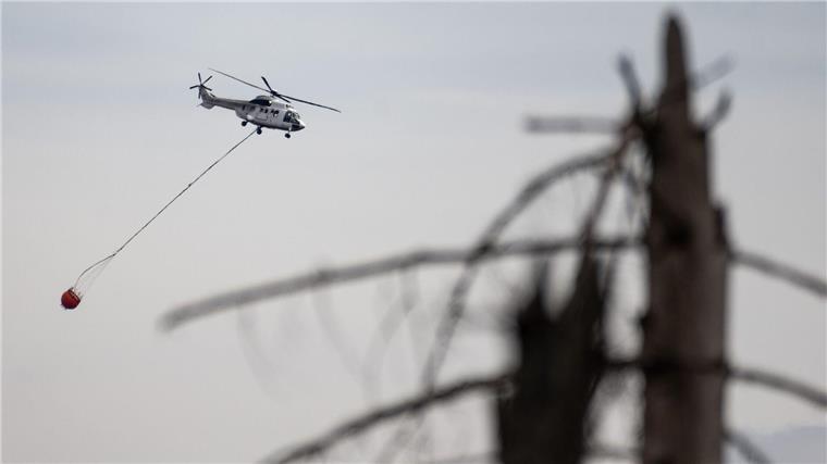 Wilde Wälder sind schwerer zu löschen: Brennen seltener Ein Hubschrauber fliegt bei Löscharbeiten über einen Waldbrand.