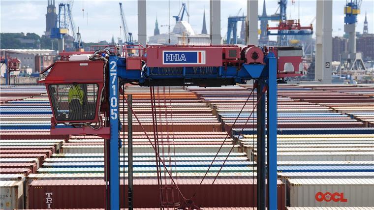 Ein Hubwagen fährt zwischen Containern im Hamburger Hafen umher. (Archivbild)  