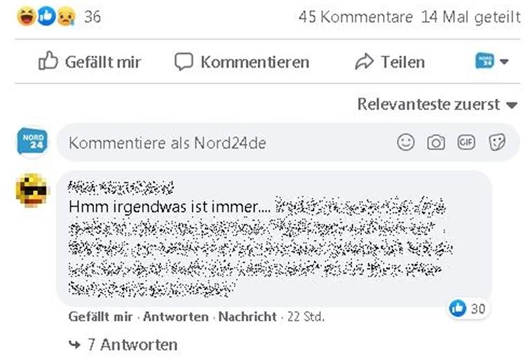 Ein Kommentar unter einem Facebook-Post von nord24.