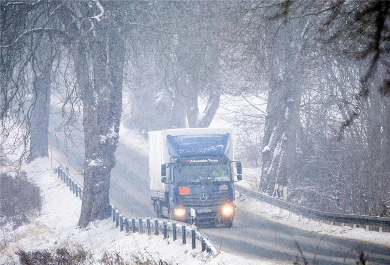 Deutscher Wetterdienst gibt Warnung für den Kreis Cuxhaven für Mittwochabend heraus Ein Lastwagen fährt bei dichtem Schneetreiben durch eine Allee. Leichter Schneefall und Temperaturen rund um den Gefrierpunkt können den Verkehr in Norddeutschland auch am Mittwochabend behindern. (Symbolbild)