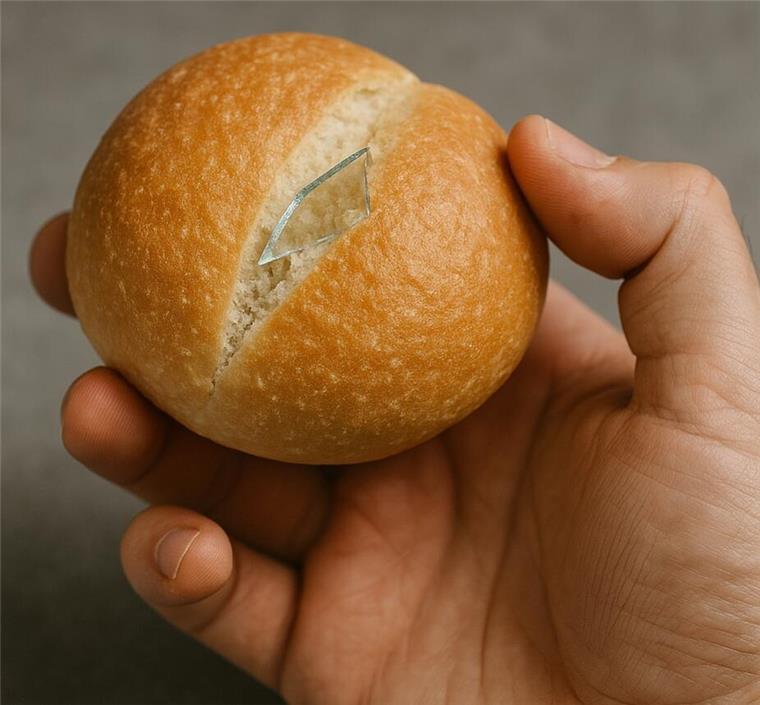 Gefährlich und heimtückisch: Brötchen mit Glasscherbe verletzt Mann Ein Mann hält ein Brötchen in der Hand. In dem Brötchen befindet sich eine Glasscherbe.