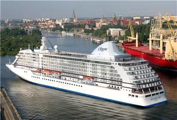 The cruise ship 'Seven Seas Voyager' sailing into the port in Szczecin.
