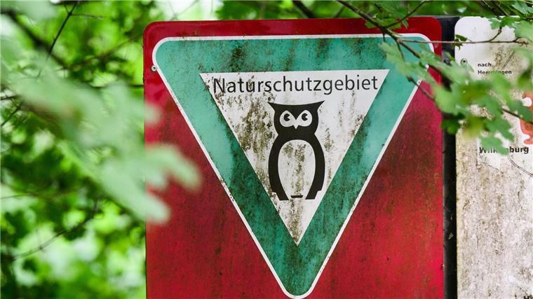 Ein Schild hängt an einem Naturschutzgebiet.