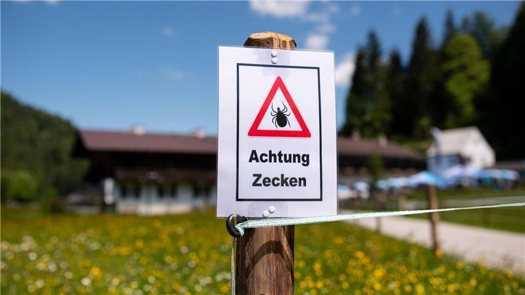 Landesgesundheitsamt erwartet große Zecken-Population Ein Schild warnt an einem Wanderweg vor Zecken.