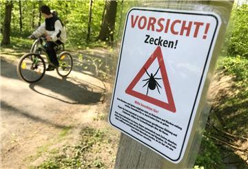 Ein Schild warnt in einem Wald vor Zecken.