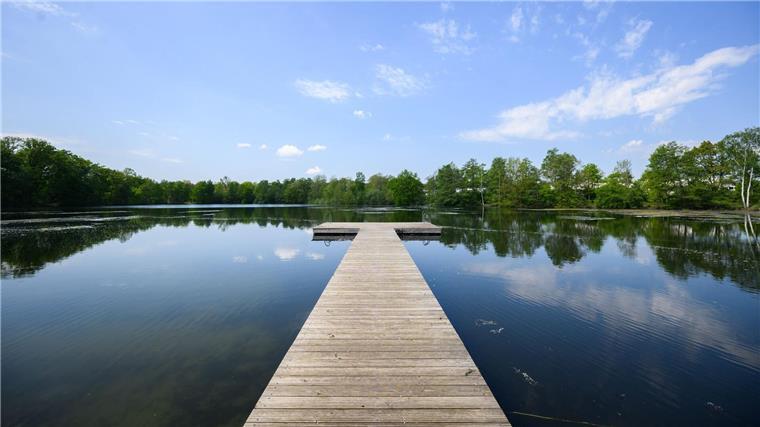 Ein Steg führt in einen See.