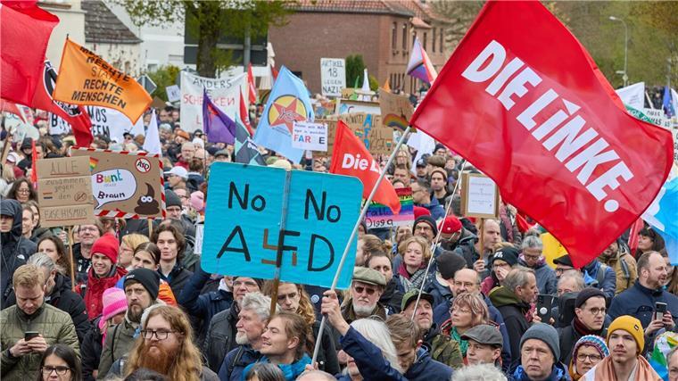 Demo bei AfD-Landesparteitag: „Keine größeren Störungen“ Ein Teilnehmer der Demonstration gegen den AfD-Parteitag, der Kundgebung für Vielfalt und Menschenwürde, hält ein Schild mit der Aufschrift „No No AfD“, daneben eine Fahne von der Partei Die Linke.