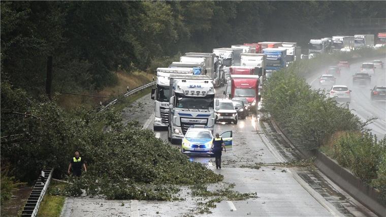 Unfälle und Schäden nach Unwetter Ein umgestürzter Baum verursachte einen Stau auf der Autobahn 27.
