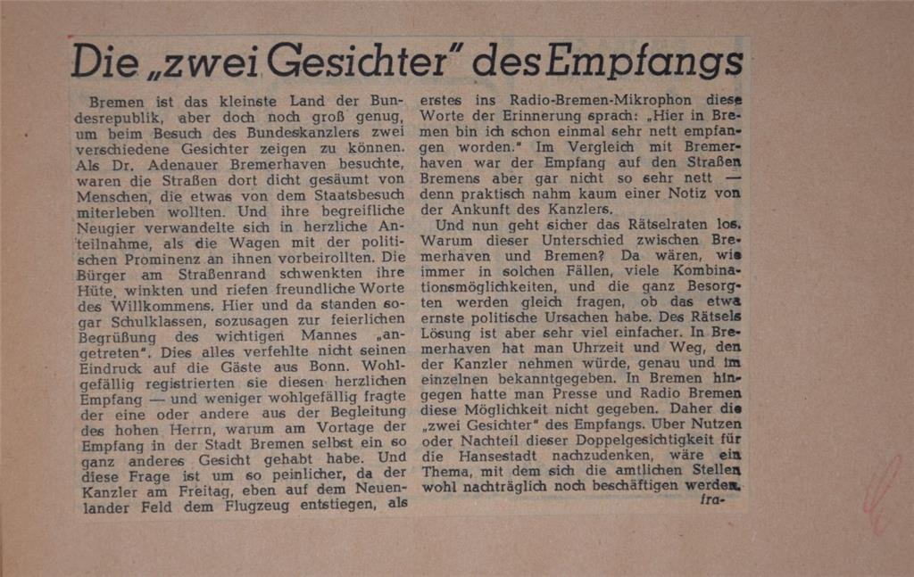 Ein Zeitungsbericht nach dem Besuch Konrad Adenauers 1954