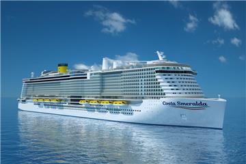 Eine Computergrafik zeigt das Kreuzfahrtschiff "Costa Smeralda" der Costa-Gruppe. Das nur mit verflüssigtem Erdgas (LNG) betriebene Kreuzfahrtschiff wird derzeit auf der Meyer-Werft im finnischen Turku fertiggestellt.

 