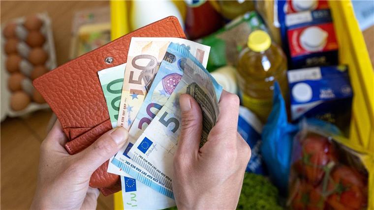 Inflationsrate in Niedersachsen im März zurückgegangen Eine Einkaufskiste mit Lebensmitteln und eine Frau Euro-Banknoten in den Händen hält.