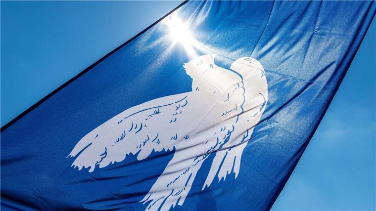 Eine Fahne mit einer Friedenstaube verdeckt die Sonne.