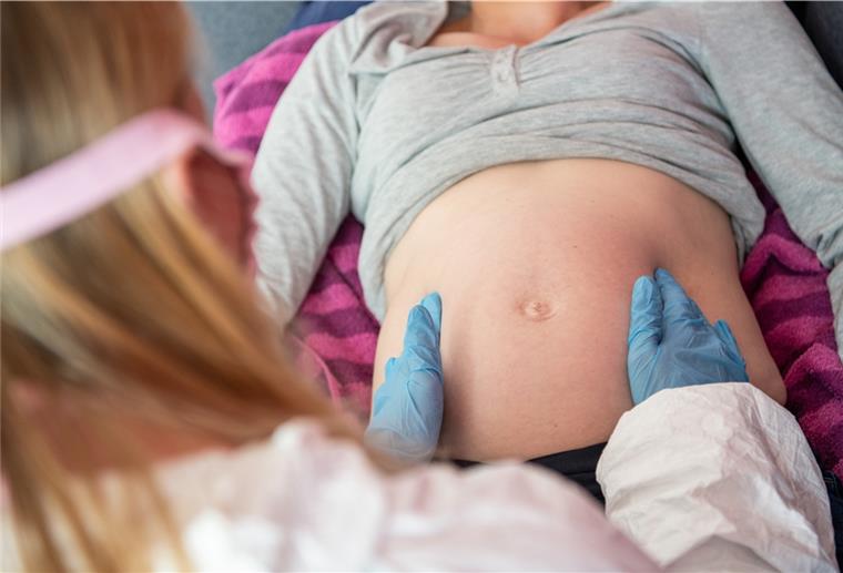 Eine Hebamme tastet den Bauch einer Schwangeren ab.